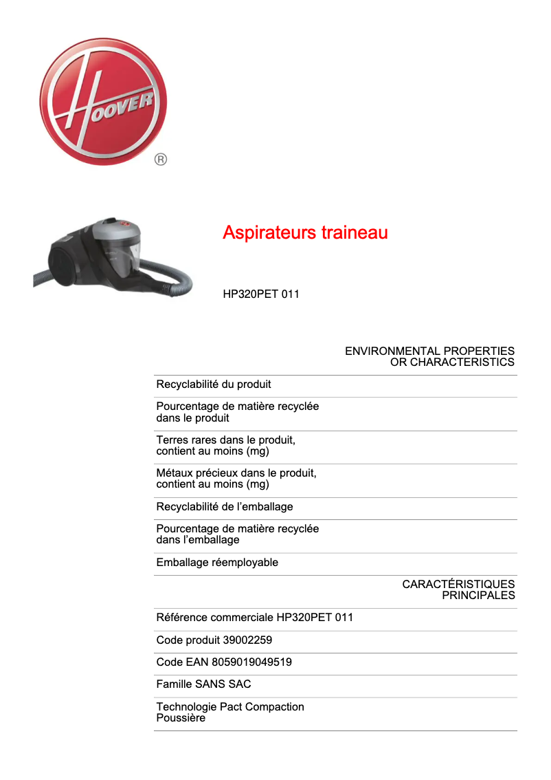 Page n°1 - Fiche technique Hoover H-POWER 300 HP320PET 011