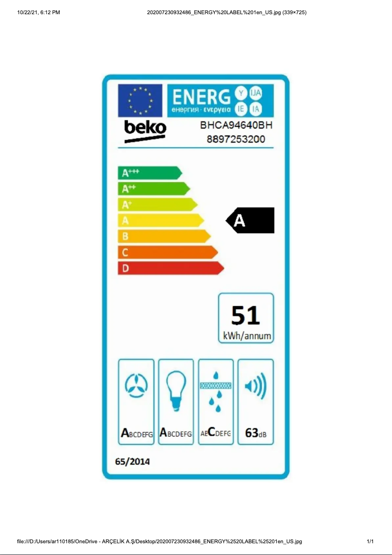 Page 1 de la notice Label énergétique Beko BHCA94640BH