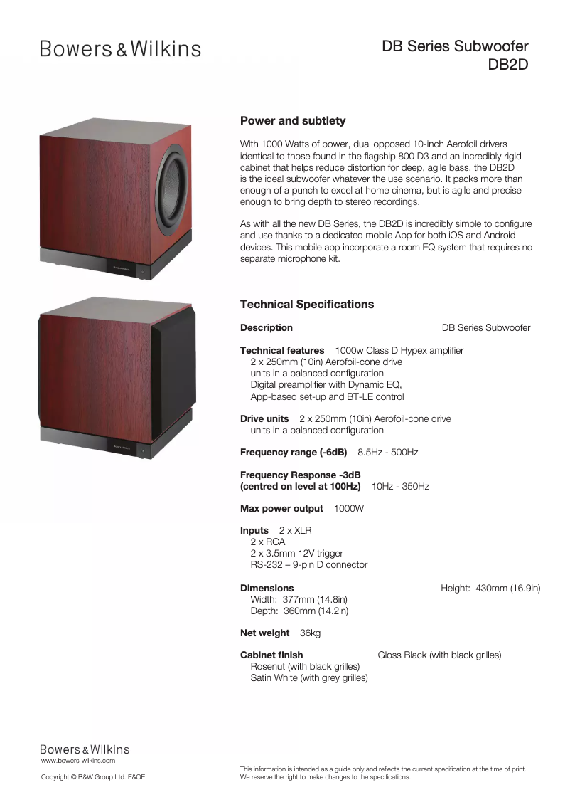 Page 1 de la notice Fiche technique Bowers & Wilkins DB2D