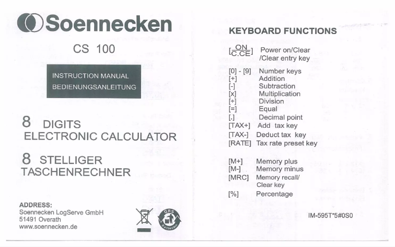Page n°1 - Manuel utilisateur Soennecken CS100