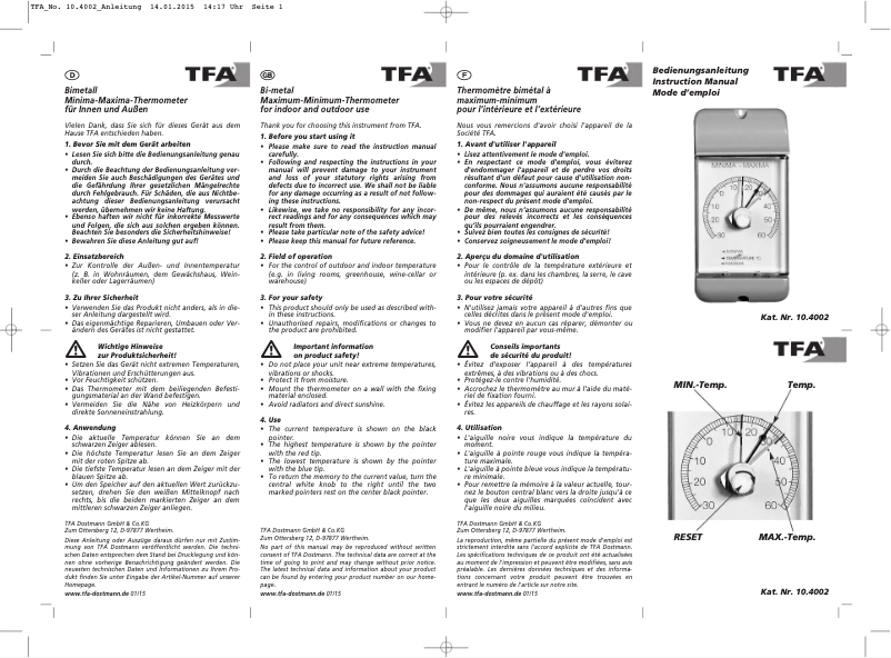 Page n°1 - Manuel utilisateur TFA 10.4002