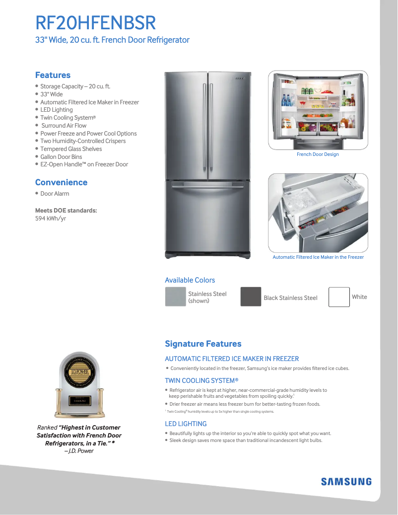 Page 1 de la notice Fiche technique Samsung RF20HFENBWW