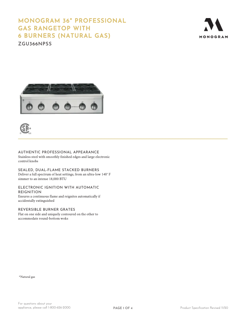 Page n°1 - Fiche technique GE ZGU366LPSS