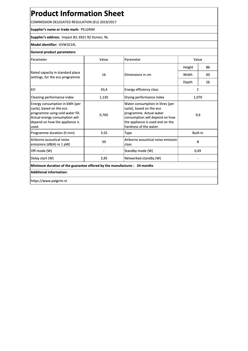 Page 1 de la notice Fiche technique Pelgrim GVW321XL
