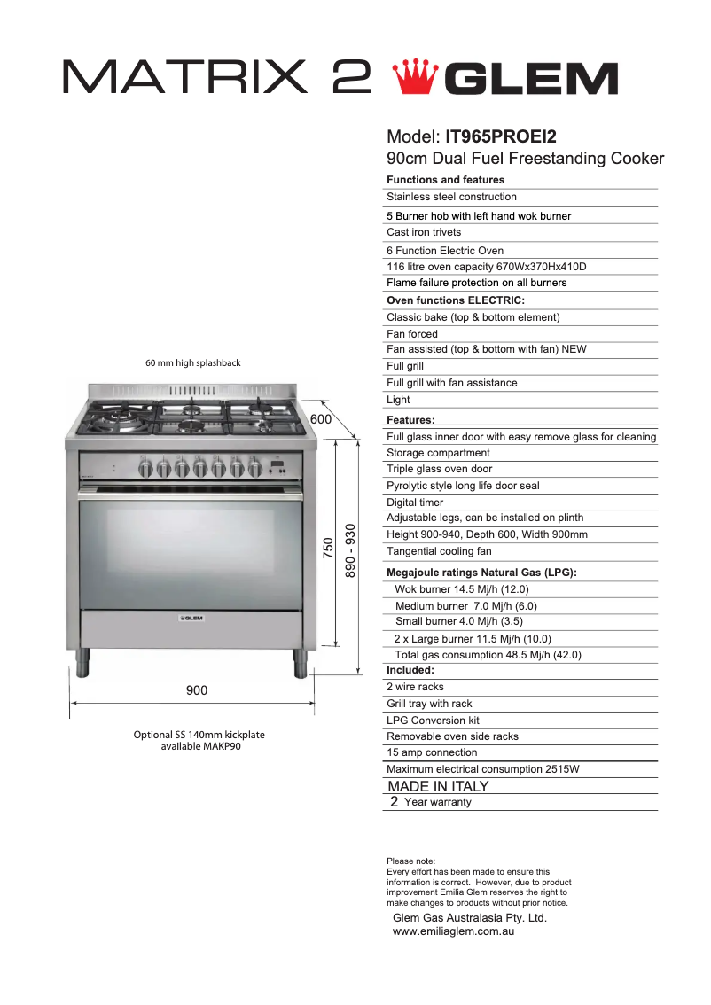 Page n°1 - Fiche technique Glem Gas IT965PROEI2