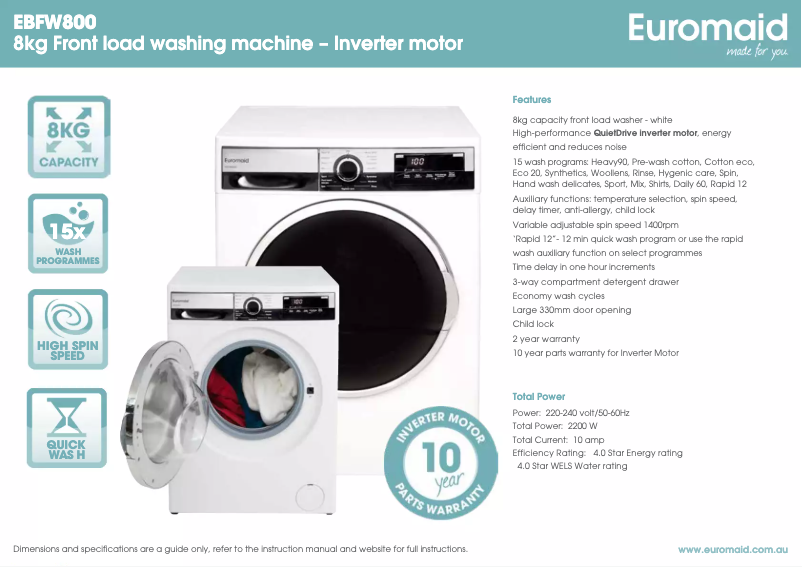 Page 1 de la notice Fiche technique Euromaid EBFW800