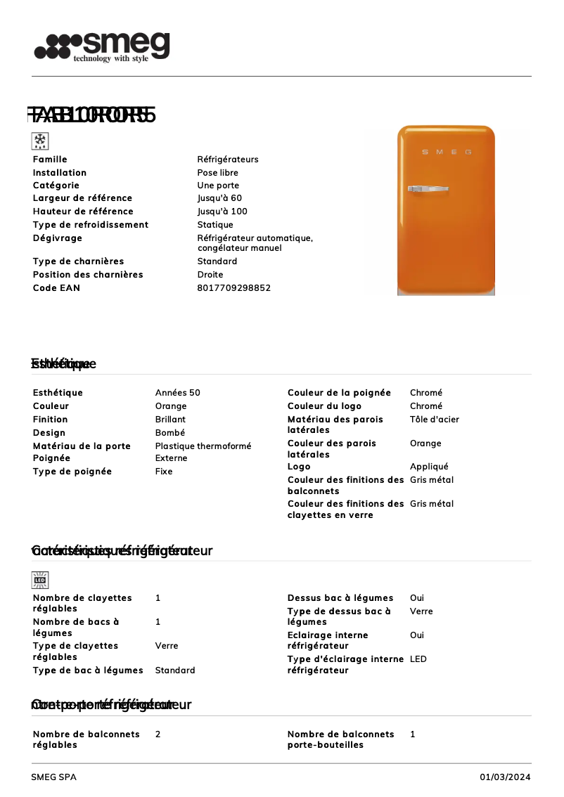 Page 1 de la notice Fiche technique Smeg FAB10ROR5