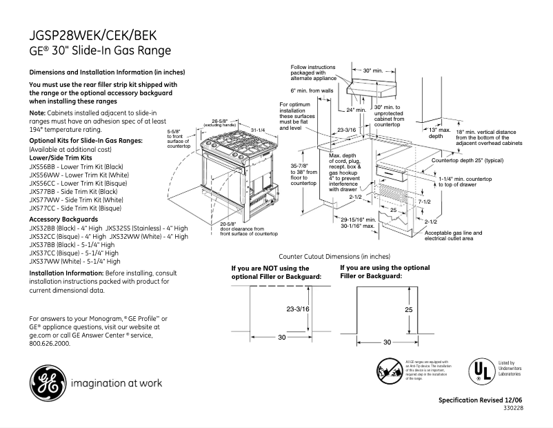 Page 1 de la notice Fiche technique GE JGSP28BEKBB
