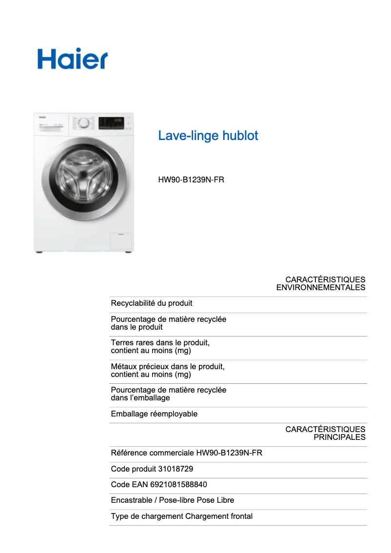 Page 1 de la notice Label énergétique Haier HW90-B1239N