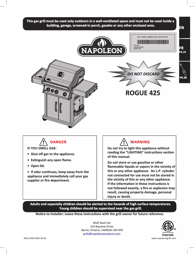 Page 1 de la notice Manuel utilisateur Napoleon Rogue 425 SIB