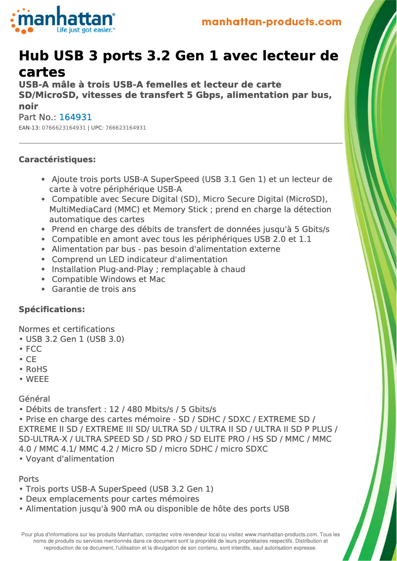 Page 1 de la notice Fiche technique Manhattan 164931