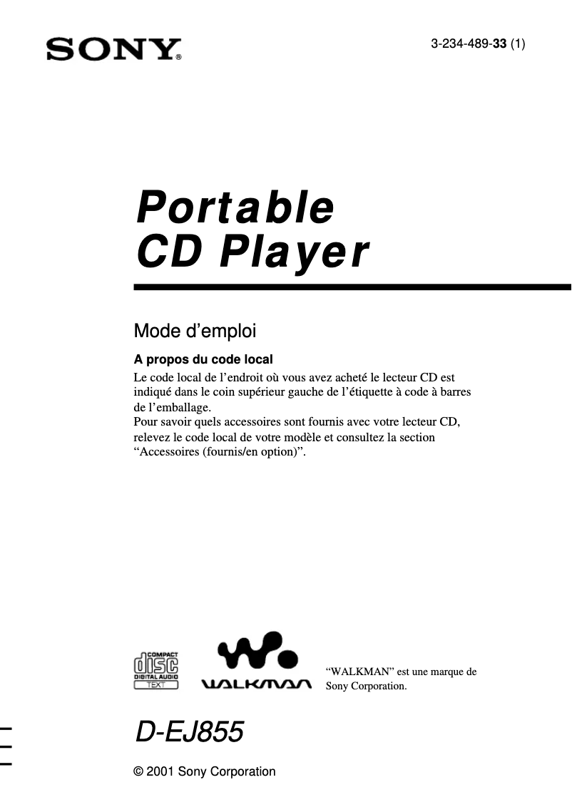 Page 1 de la notice Manuel utilisateur Sony D-EJ855
