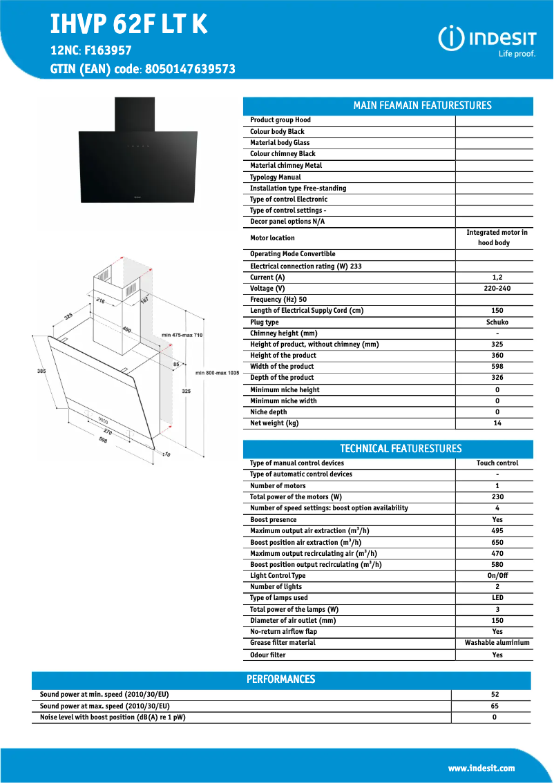 Page 1 de la notice Fiche technique Indesit IHVP 62F LT K