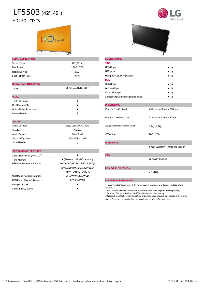 Page 1 de la notice Fiche technique LG 32LF550B