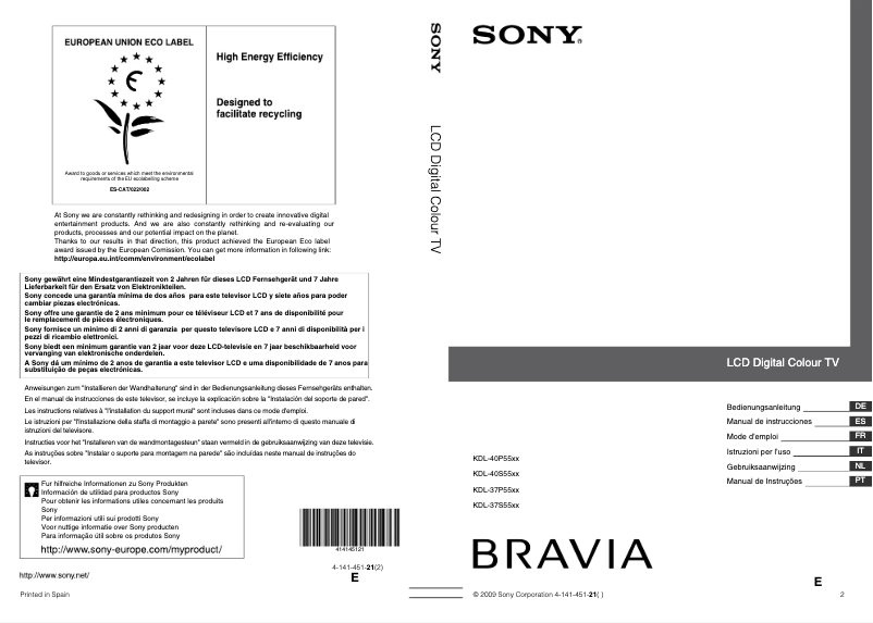 Page 1 de la notice Manuel utilisateur Sony Bravia KDL-40P5500