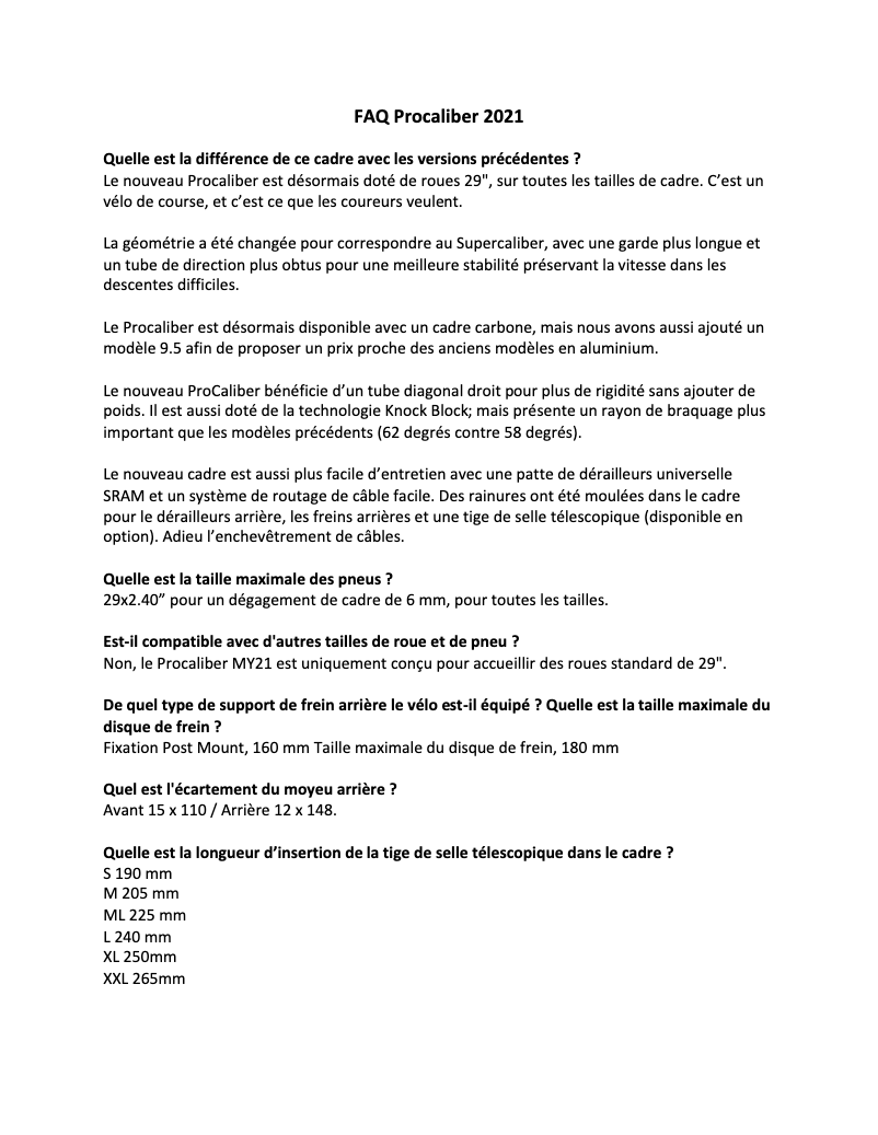 Page 1 de la notice FAQ Trek Procaliber 9.7
