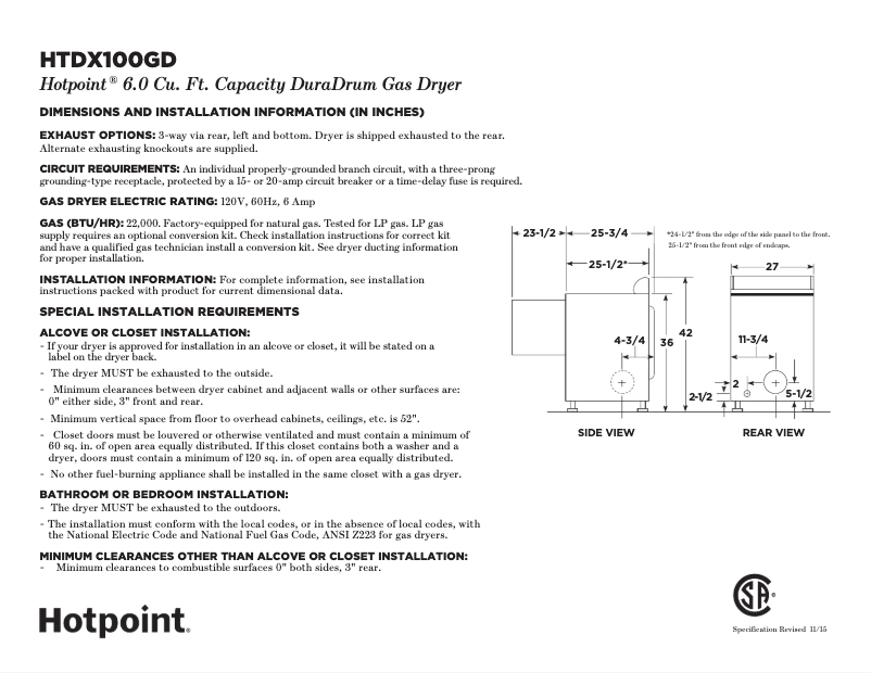 Page 1 of the manual Technical Sheet Hotpoint HTDX100GDWW