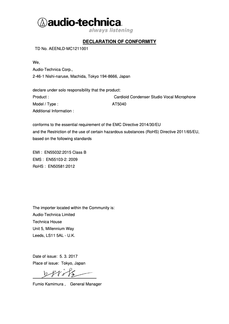 Page n°1 - Brochure Audio-Technica AT5040