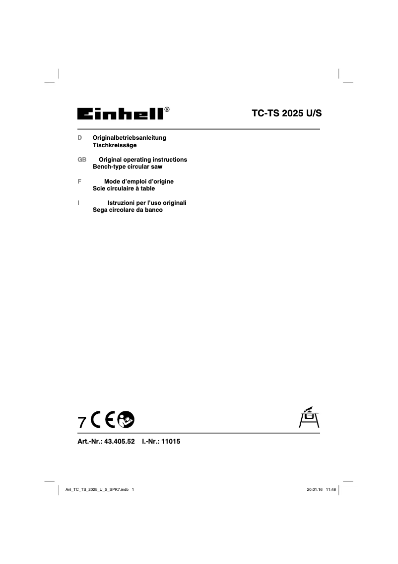 Page 1 de la notice Manuel utilisateur Einhell TC-TS 2025 U/S