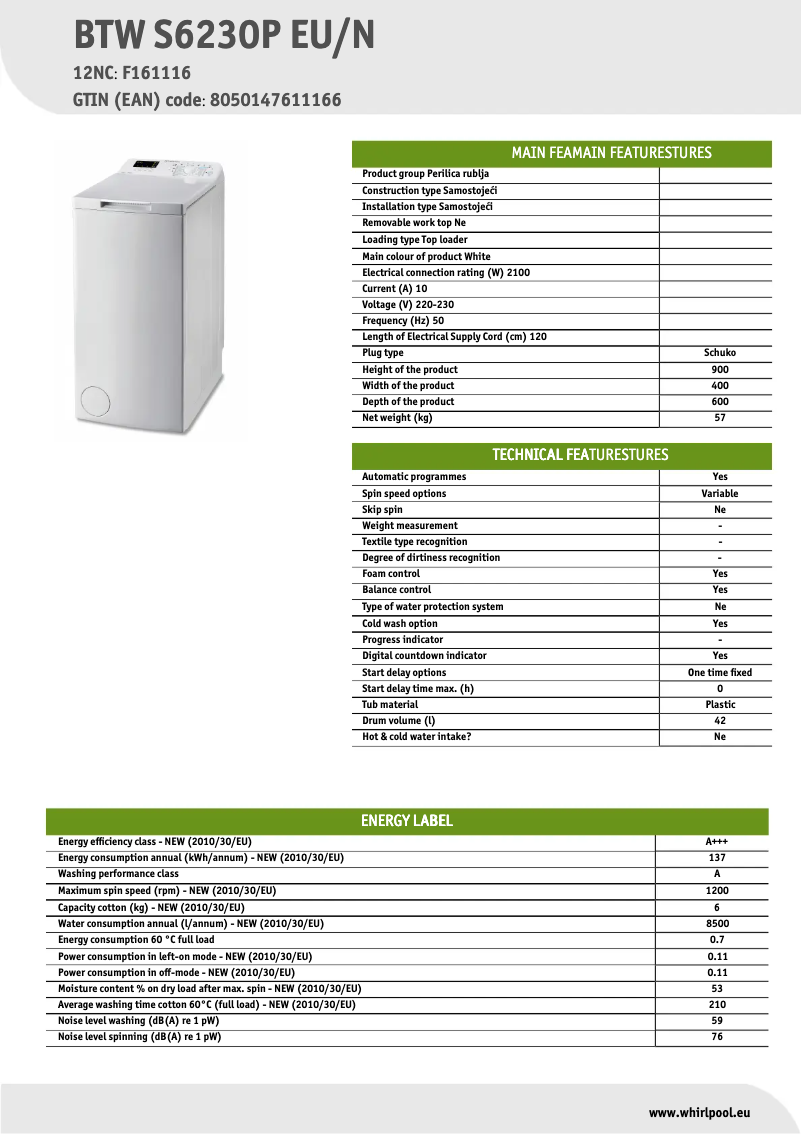 Page n°1 - Fiche technique Indesit BTW S6230P EU/N