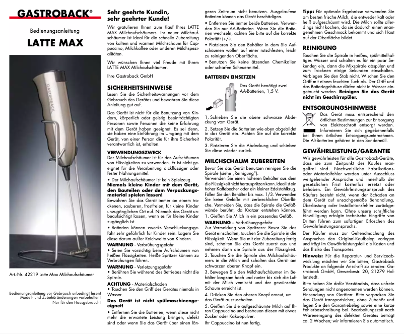 Page n°1 - Manuel utilisateur Gastroback Latte Max 42219