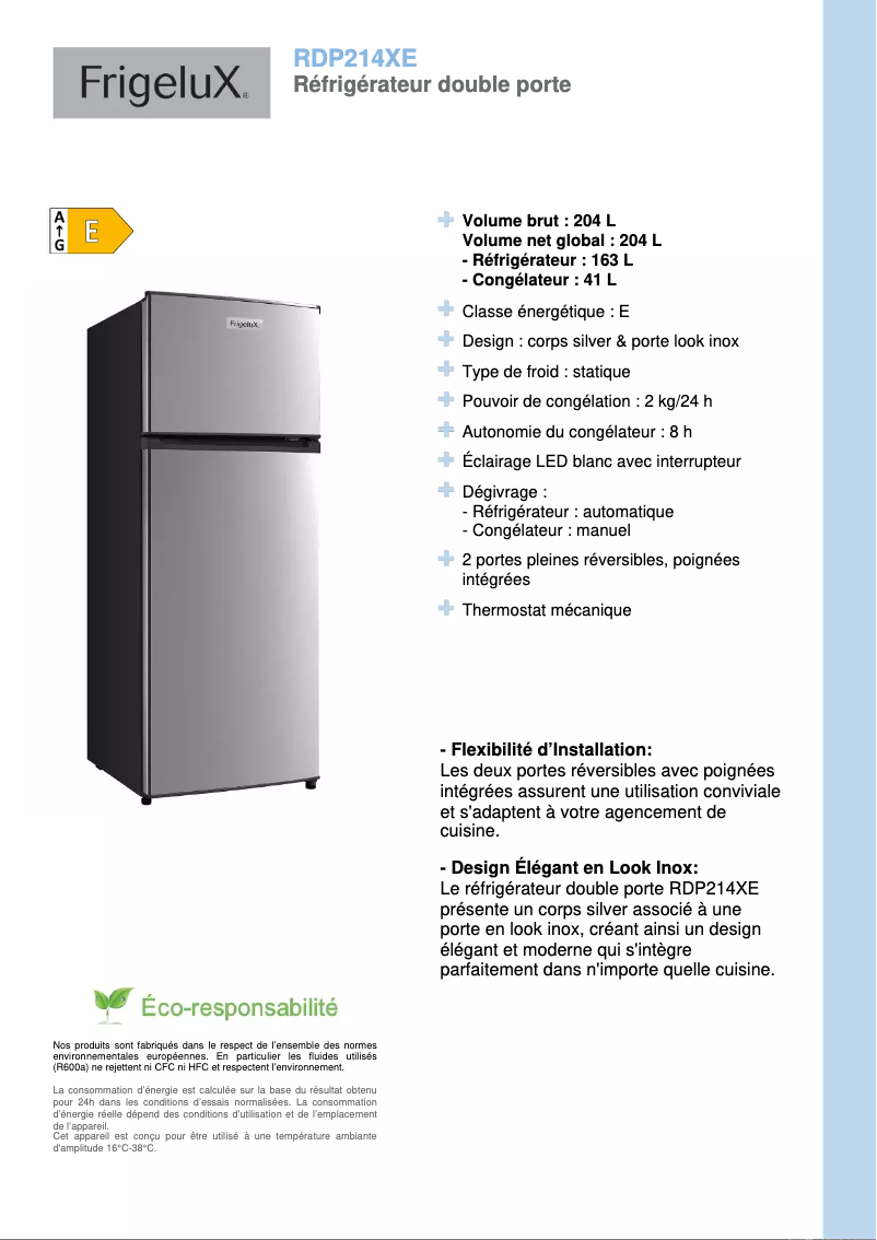 Page n°1 - Fiche technique FrigeluX RDP214XE