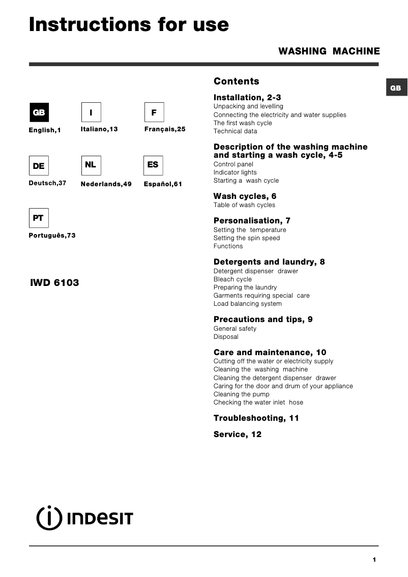 Page 1 de la notice Manuel utilisateur Indesit IWD 6103