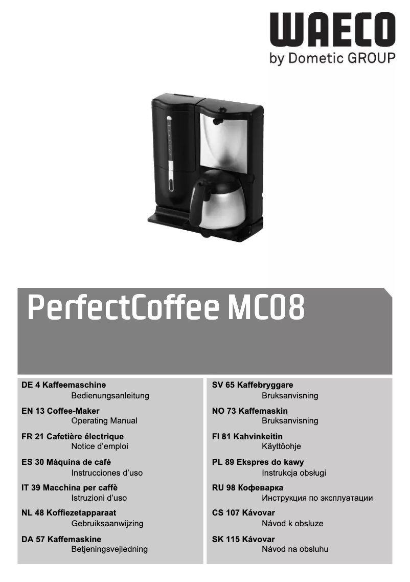 Page 1 de la notice Manuel utilisateur Waeco PerfectCoffee MC08