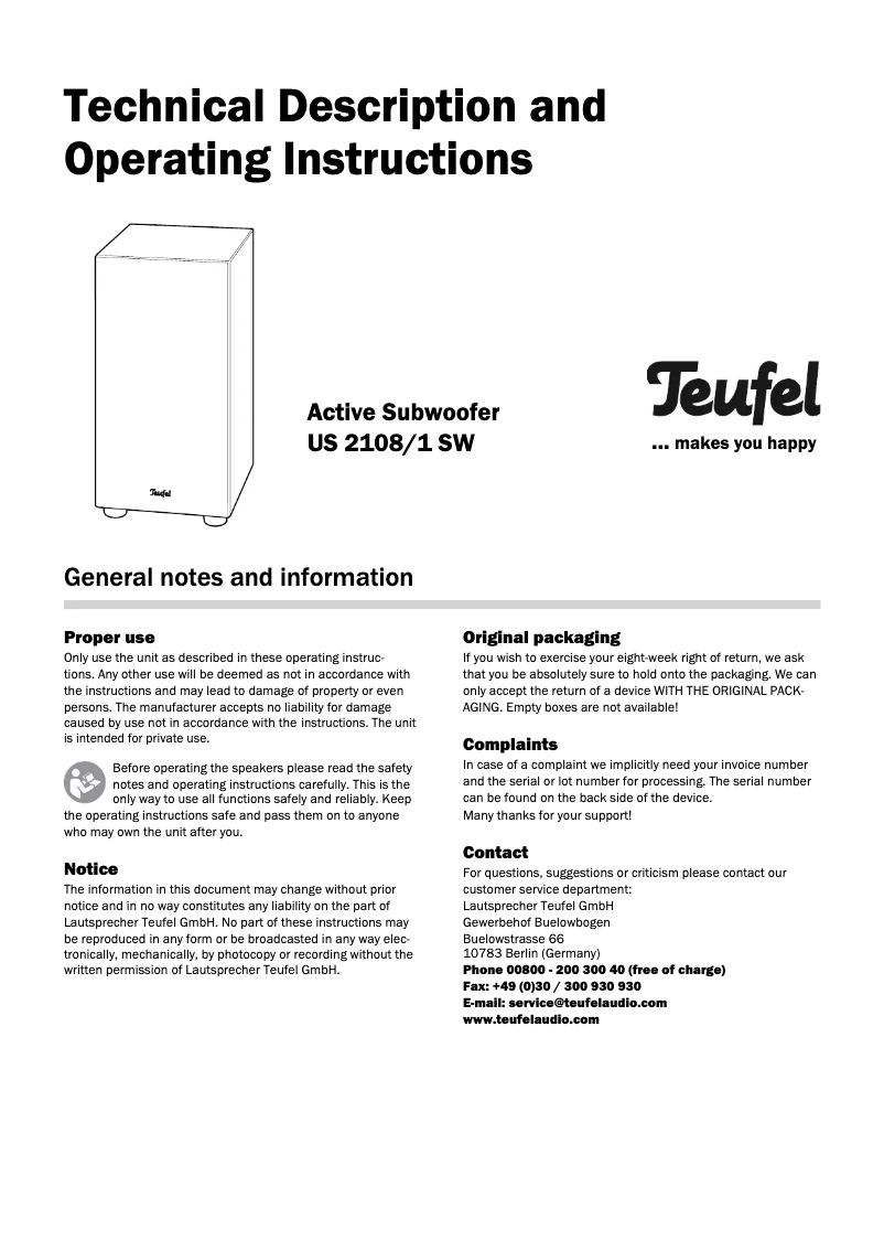 Page 1 de la notice Manuel utilisateur Teufel US 2108