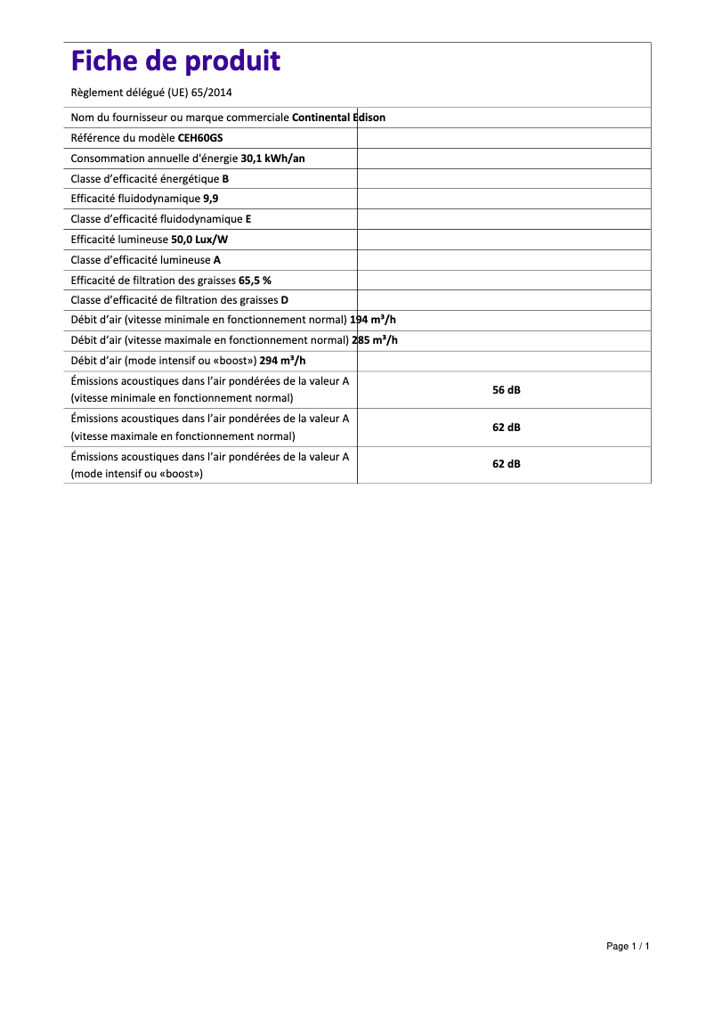 Page n°1 - Label énergétique Continental Edison CEH60GB
