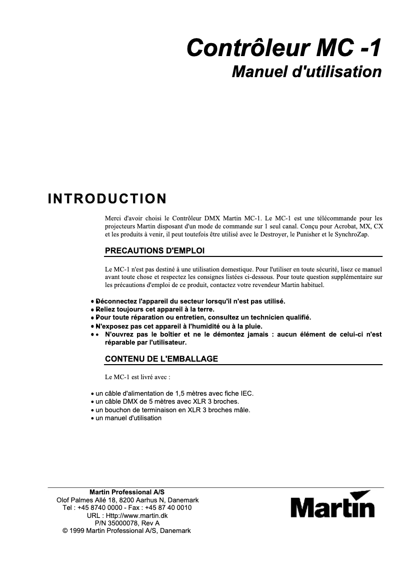 Page 1 de la notice Manuel utilisateur Martin MC -1