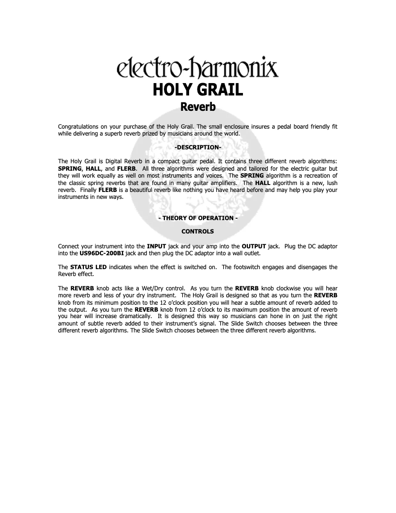 Page n°1 - Manuel utilisateur Electro Harmonix Holy Grail