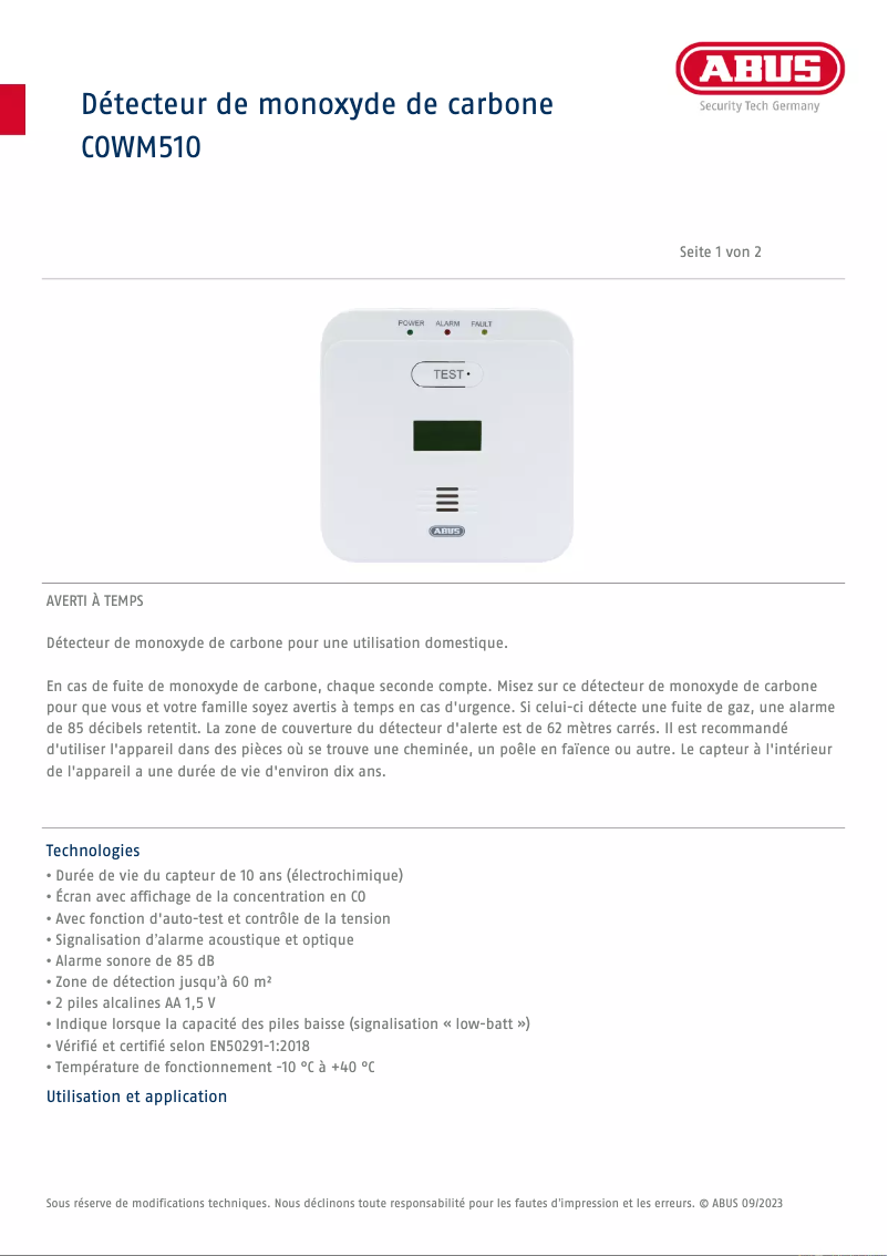 Page n°1 - Fiche technique Abus COWM510