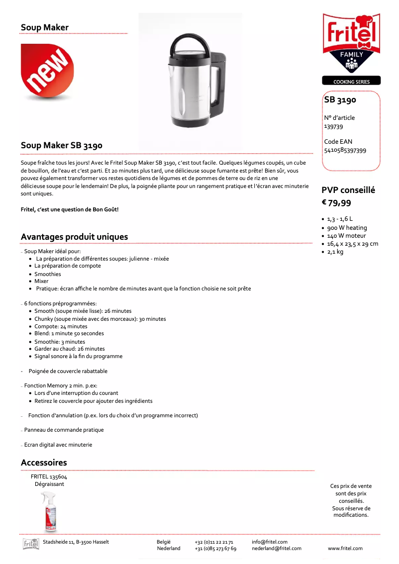 Página 1 del manual Ficha técnica Fritel Soup Maker SB 3190