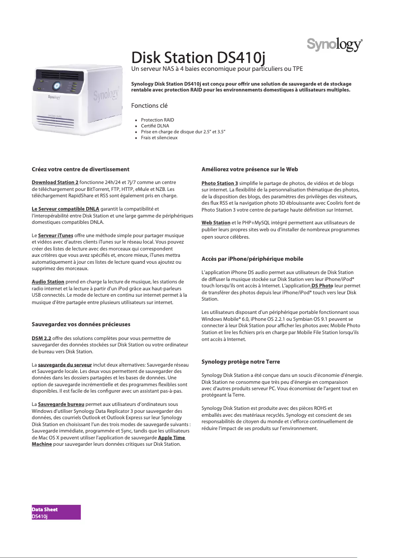 Page 1 de la notice Fiche technique Synology DiskStation DS410J