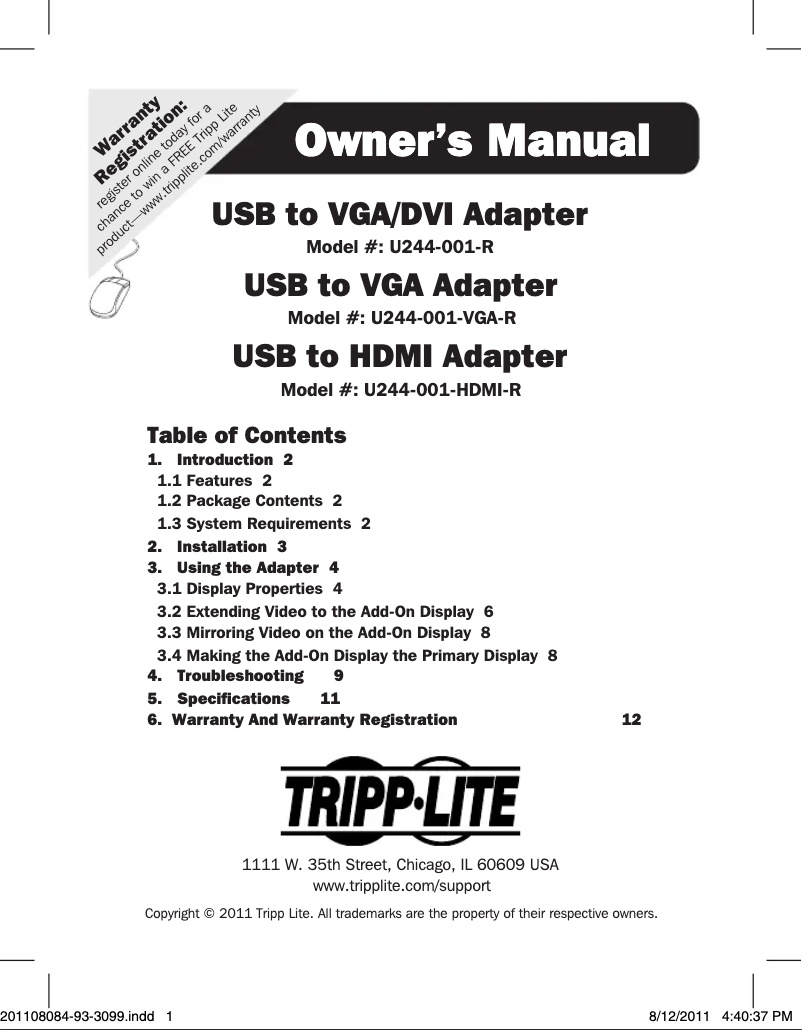 Page 1 de la notice Manuel utilisateur Tripp Lite U244-001-VGA-R
