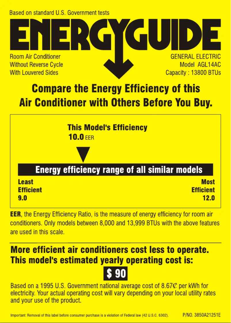 Page 1 de la notice Label énergétique GE AGL14AC