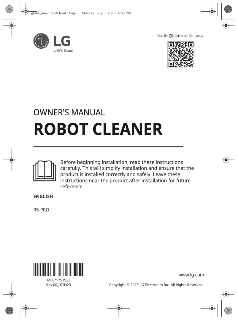 Page 1 de la notice Manuel utilisateur LG CordZero R5-PRO