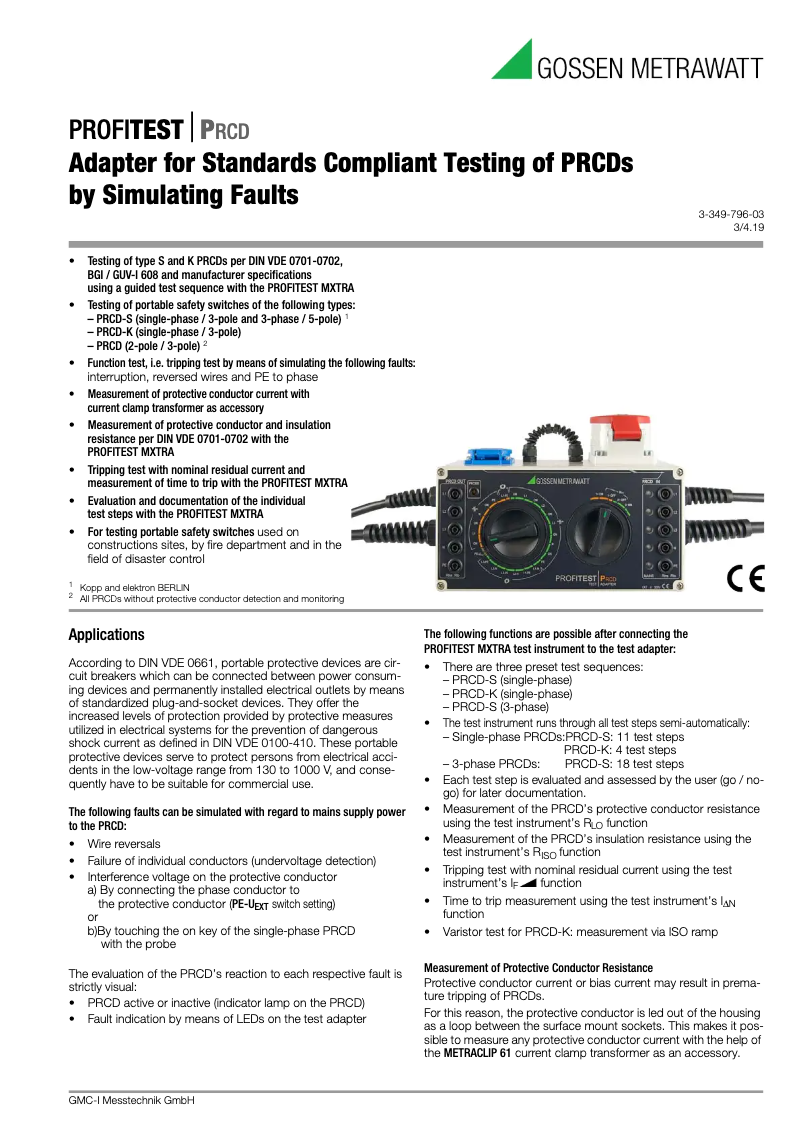 Page 1 de la notice Fiche technique Gossen Metrawatt PROFITEST PRCD M512R