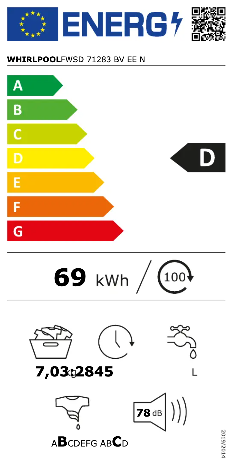 Page 1 de la notice Manuel utilisateur Whirlpool FWSD 71283 BV EE N