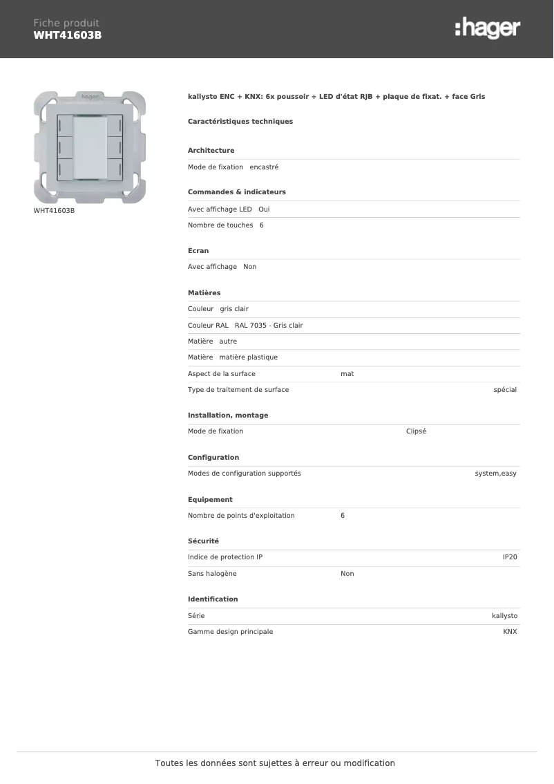 Page 1 of the manual Technical Sheet Hager WHT41603B