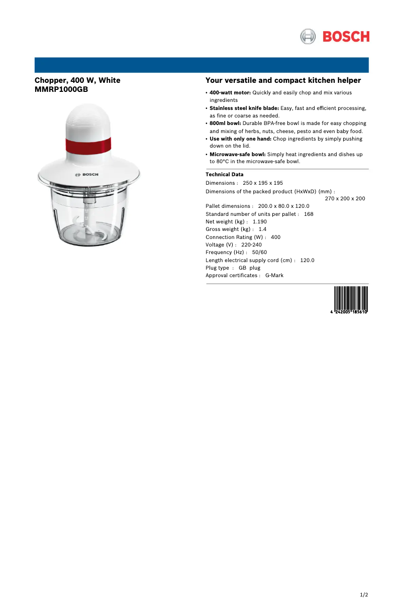Page 1 de la notice Fiche technique Bosch MMRP1000GB