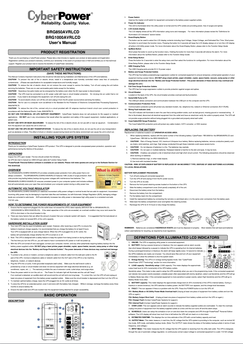 Page 1 de la notice Manuel utilisateur CyberPower Intelligent LCD BRG850AVRLCD