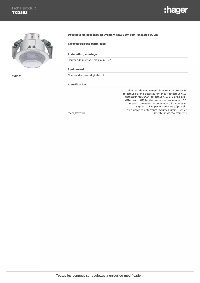 Page 1 de la notice Fiche technique Hager TXD503