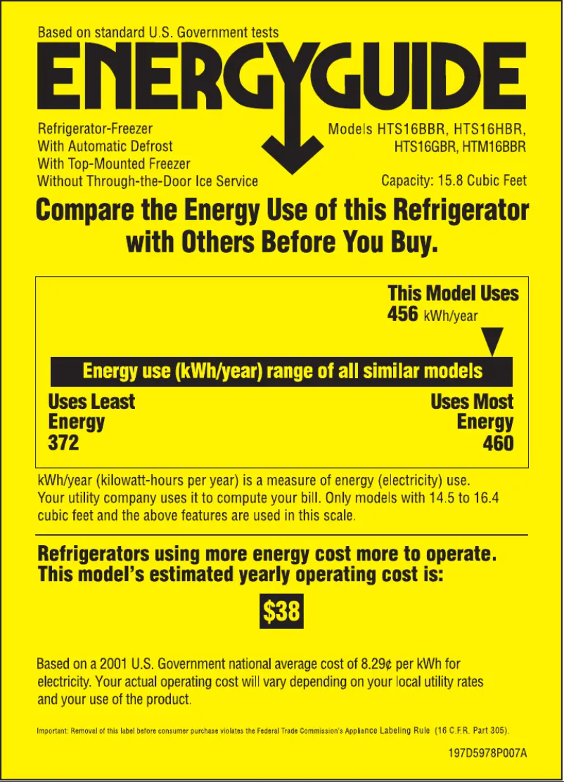 Page 1 de la notice Label énergétique Hotpoint HTS16HBRWW