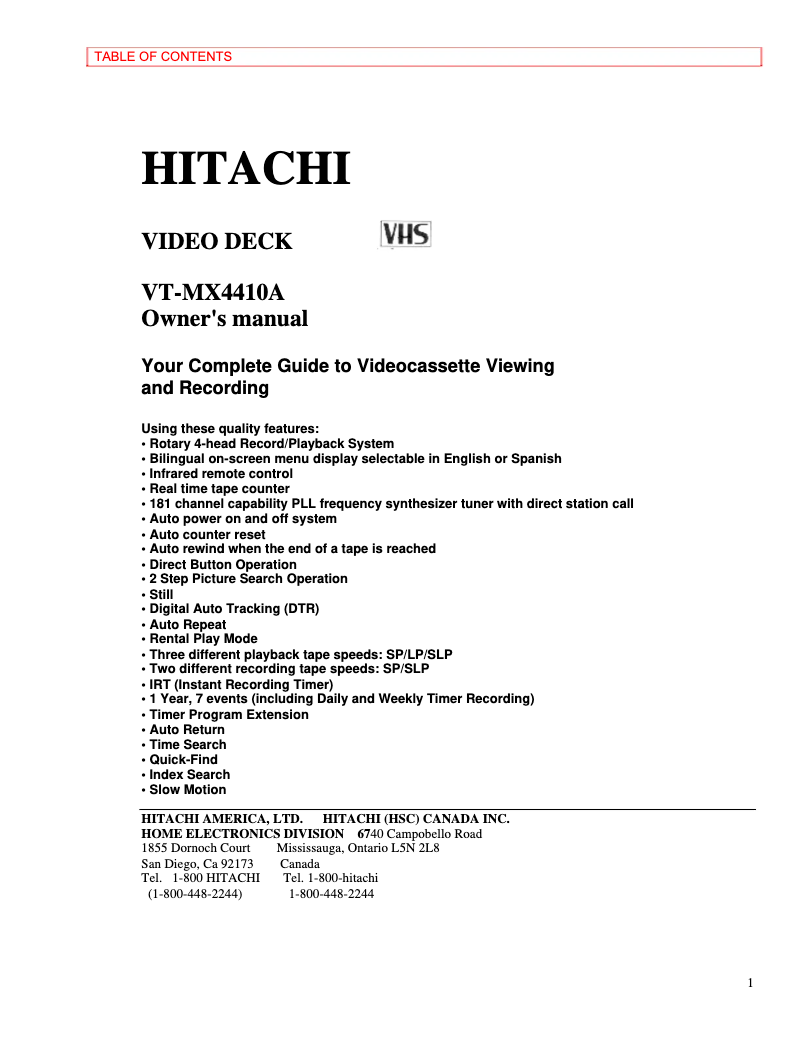 Page 1 de la notice Manuel utilisateur Hitachi VT-MX4410A