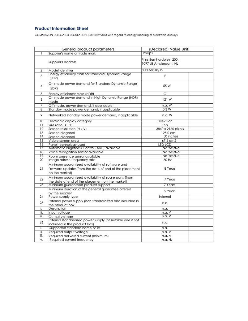 Page n°1 - Fiche technique Philips 50PUS8518