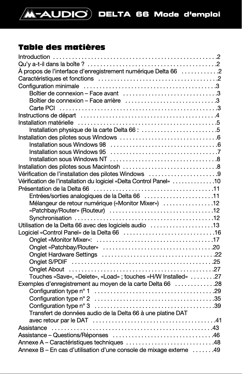 Page 1 de la notice Manuel utilisateur M-Audio Delta 66