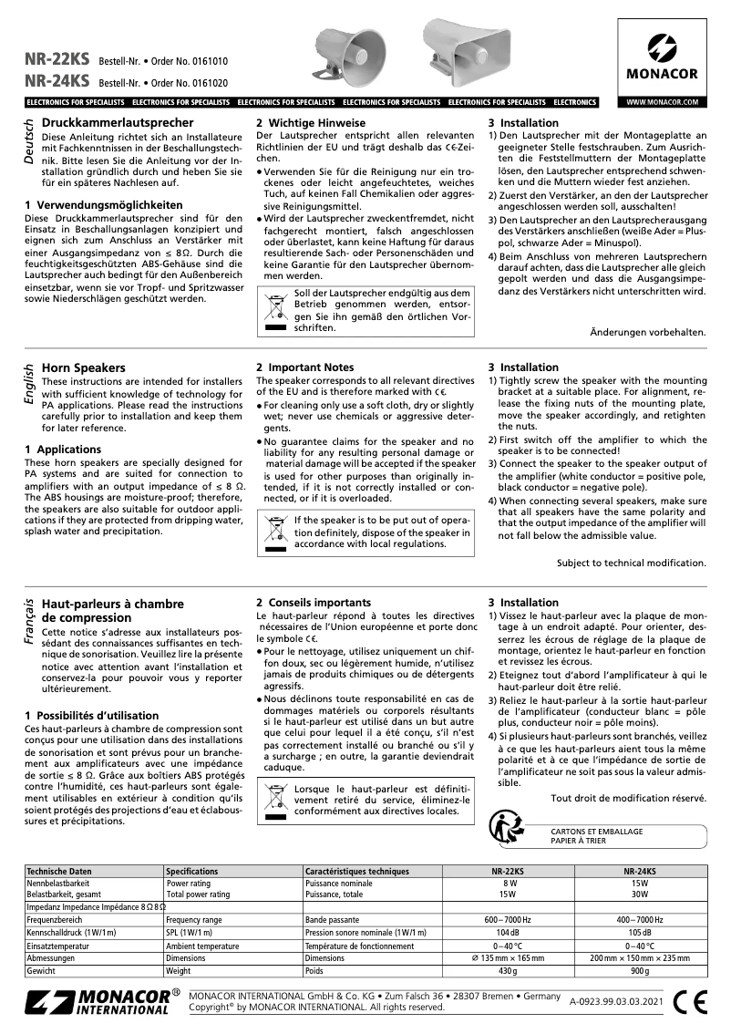 Page 1 de la notice Manuel utilisateur Monacor NR-24KS