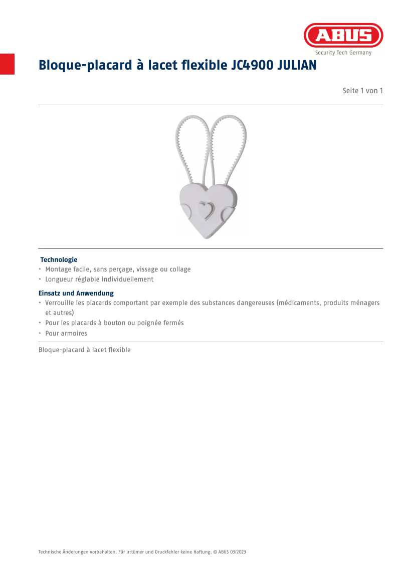 Page 1 de la notice Fiche technique Abus JC4900